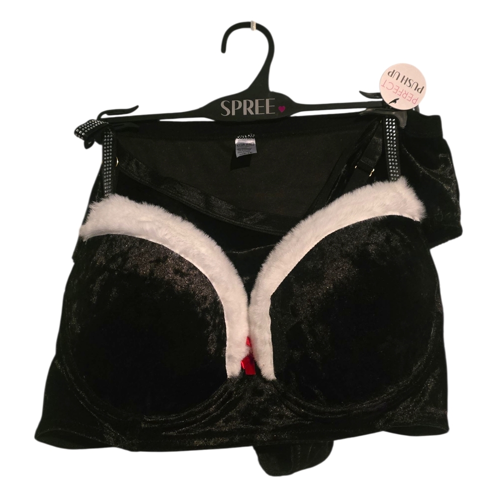 Spree Black and White Plush Santa Lingerie Set NWT